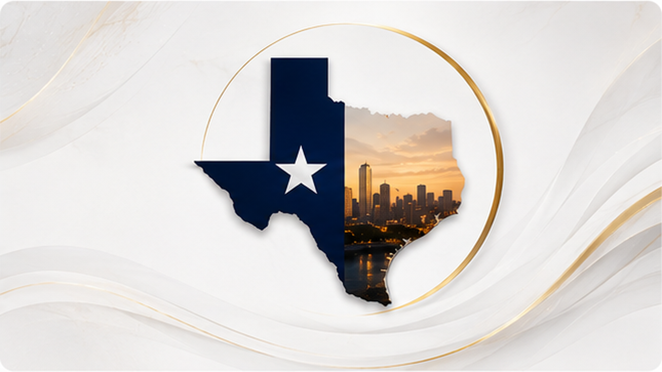 Texas eligibility graphic with Texas silhouette and skyline